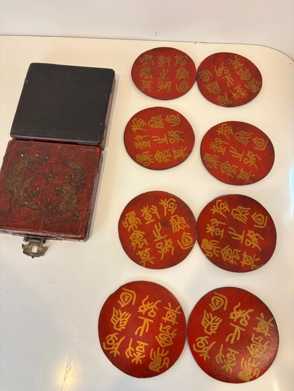 Vintage Chinese Red Lacquered Wood Coaster Set 8 Pcs Dragon Phoenix Case